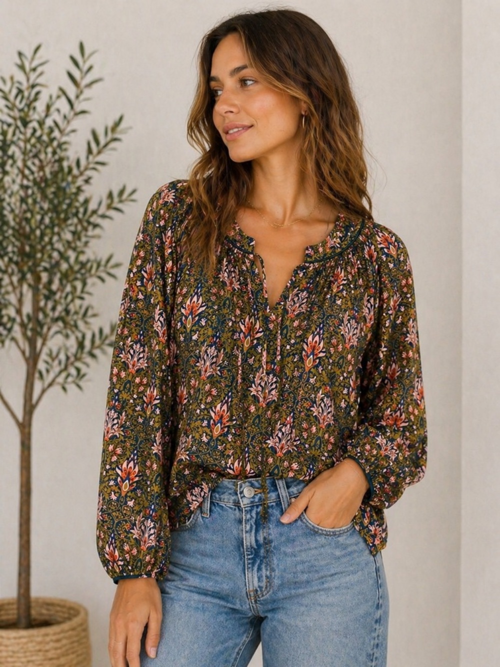 Current Air Boho Floral Peasant Blouse from Anthropologie Green Pink XS
